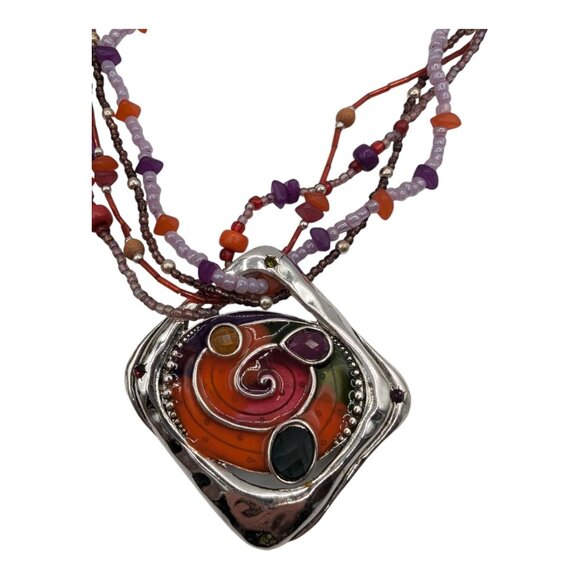 Boho Colorful Beaded Necklace & Earrings Set With Abstract Pendant Demi Parure - Picture 2 of 6